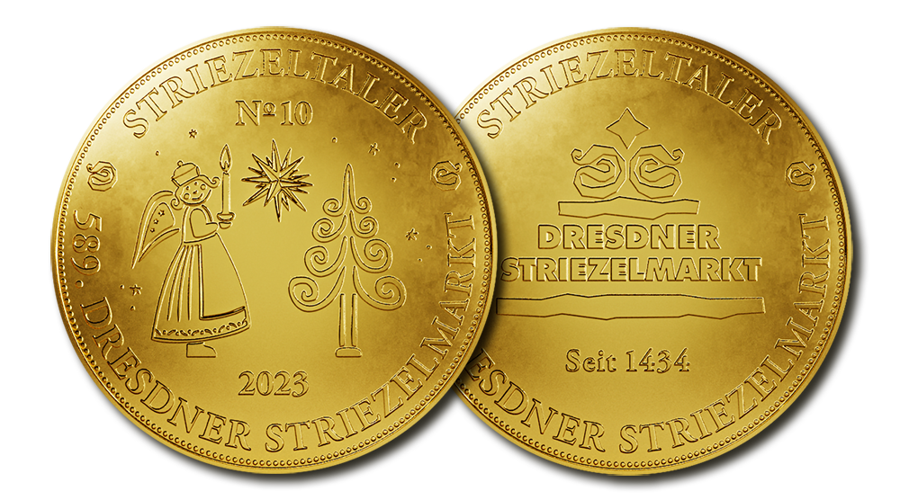 Abbildung des Dresdner Striezeltalers zum Dresdner Striezelmarkt 2023 mit Vorderseite und Rückseite