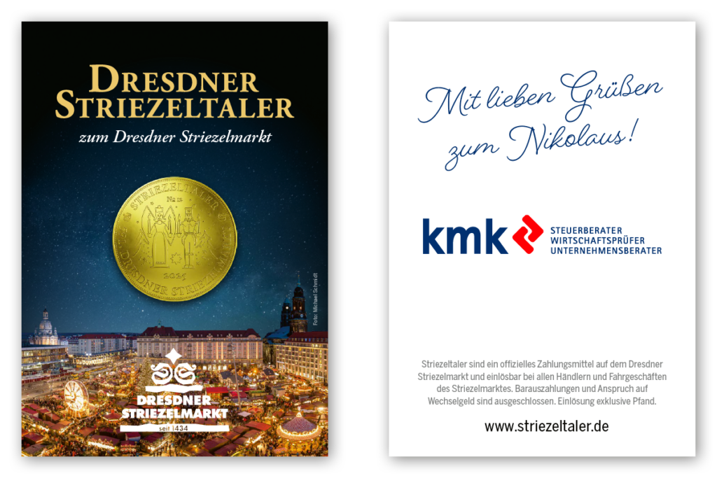 Abbildung Vorderseite und Rückseite einer Karte mit vorne angebrachtem Striezeltaler